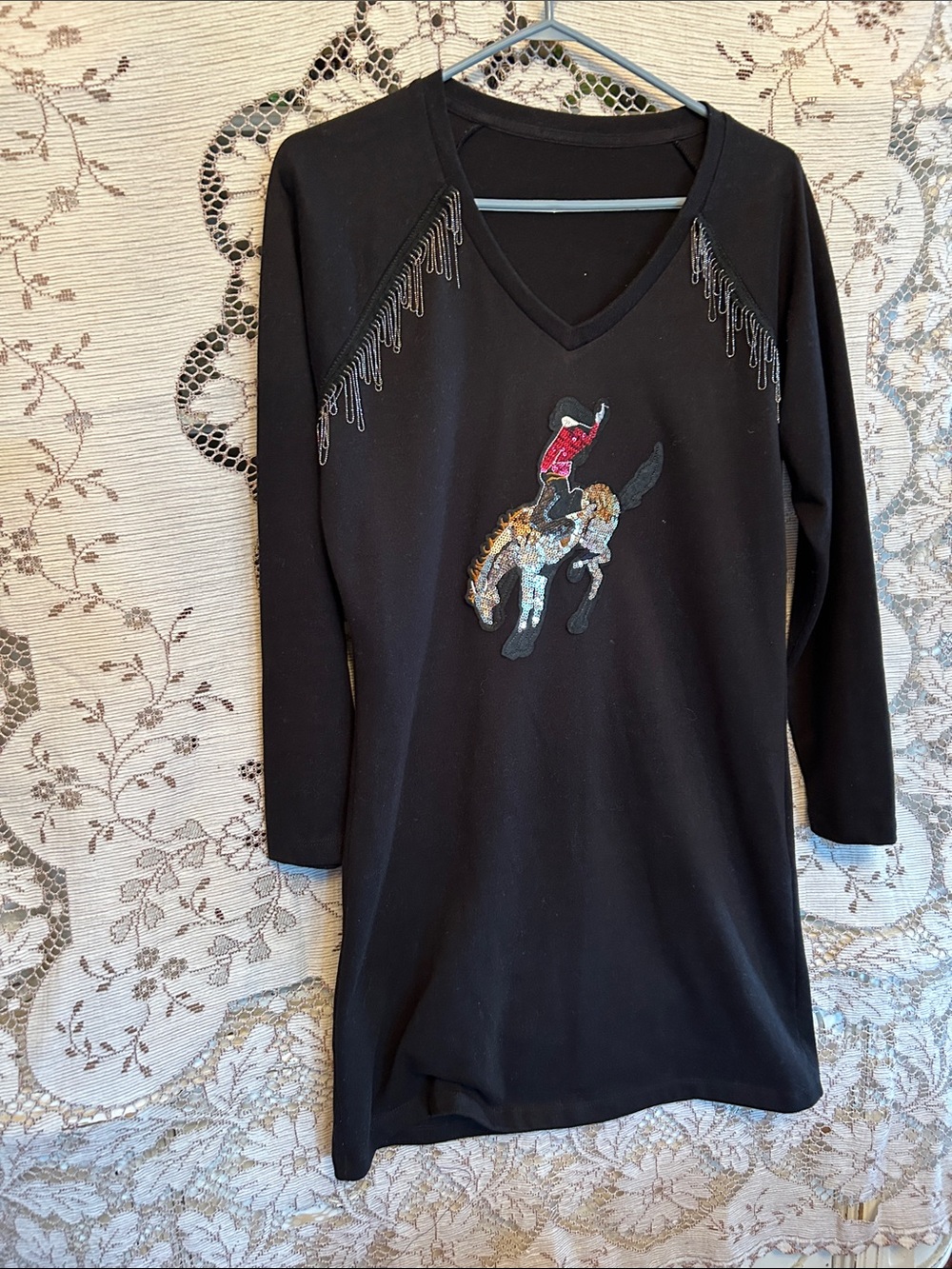 up cycled knit dress with cowboy and fringe